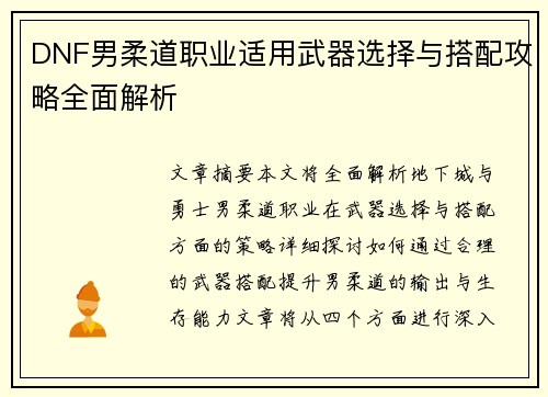 DNF男柔道职业适用武器选择与搭配攻略全面解析