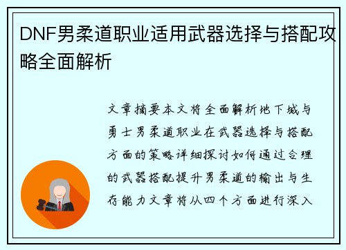 DNF男柔道职业适用武器选择与搭配攻略全面解析